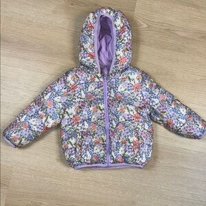 Marks & Spencer (UK) M&S Spring Floral Hooded Puffer Jacket with Purple Lining